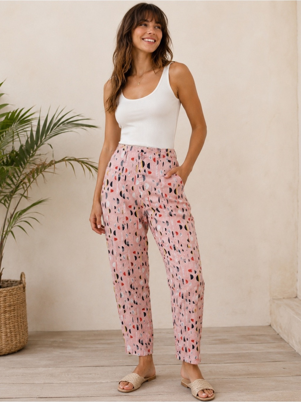 Lucy & Yak Pink Geometric Print Cotton Tapered Pants 30x30 Handmade UK